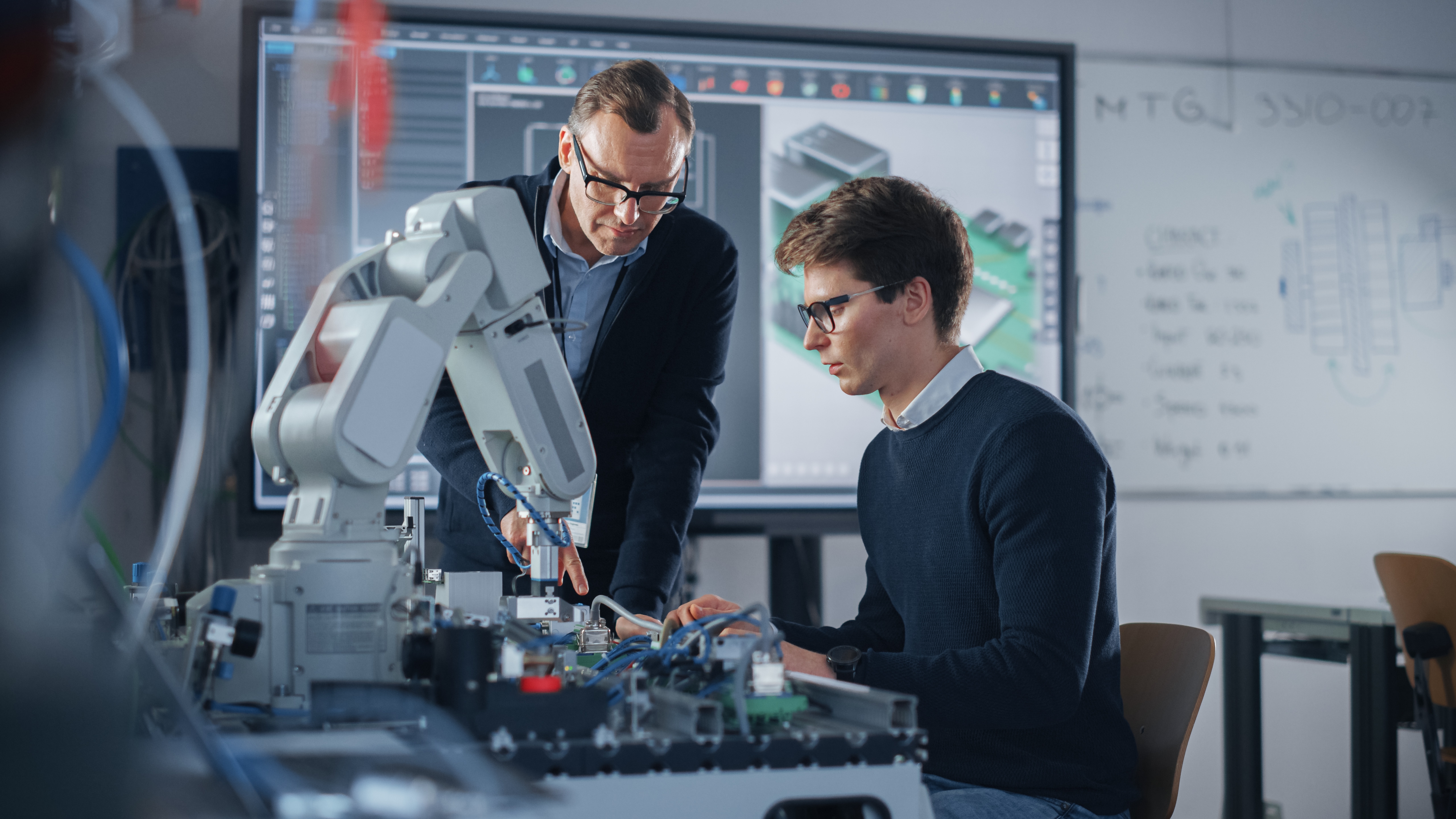 Two Men Working On Robot